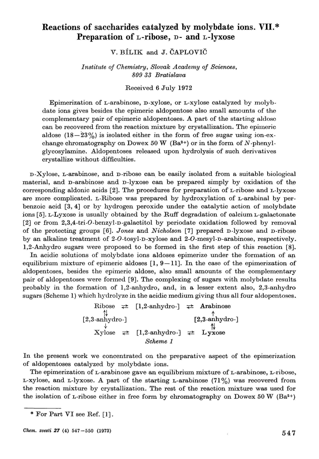 Reactions of Saccharides Catalyzed by Molybdate Ions. VII.* Preparation of L-Ribose, D- and L-Lyxose