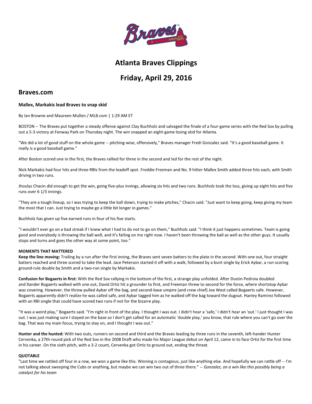 Atlanta Braves Clippings Friday, April 29, 2016 Braves.Com