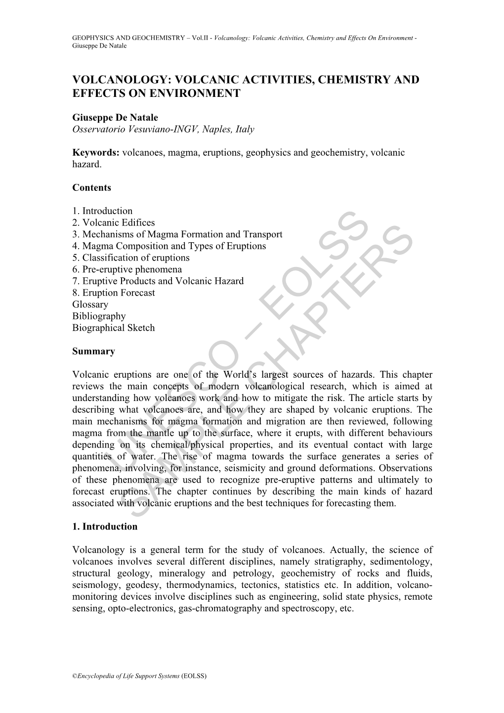 Volcanology: Volcanic Activities, Chemistry and Effects on Environment - Giuseppe De Natale