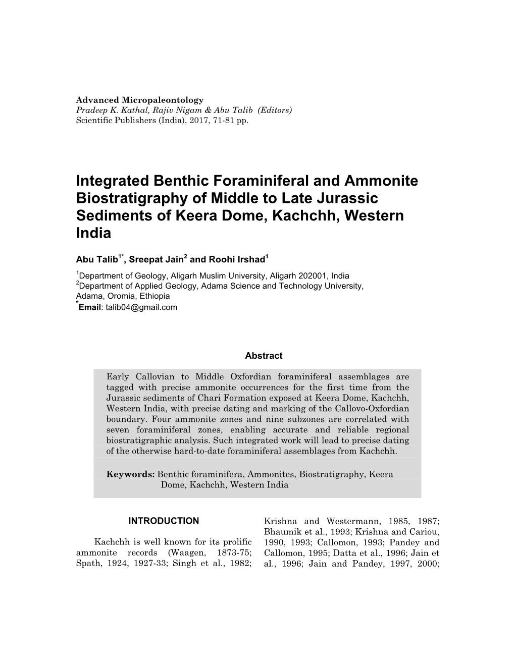 Integrated Benthic Foraminiferal and Ammonite Biostratigraphy of Middle to Late Jurassic Sediments of Keera Dome, Kachchh, Western India