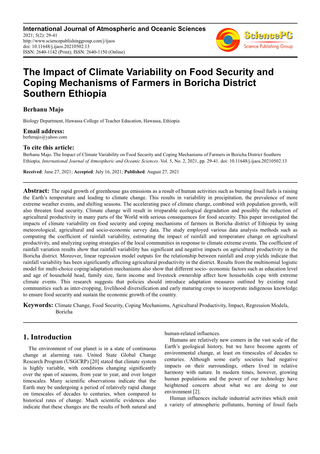 The Impact of Climate Variability on Food Security and Coping Mechanisms of Farmers in Boricha District Southern Ethiopia
