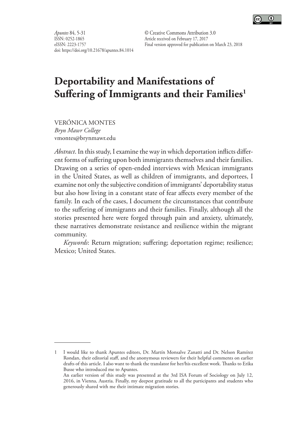 Deportability and Manifestations of Suffering of Immigrants and Their Families1