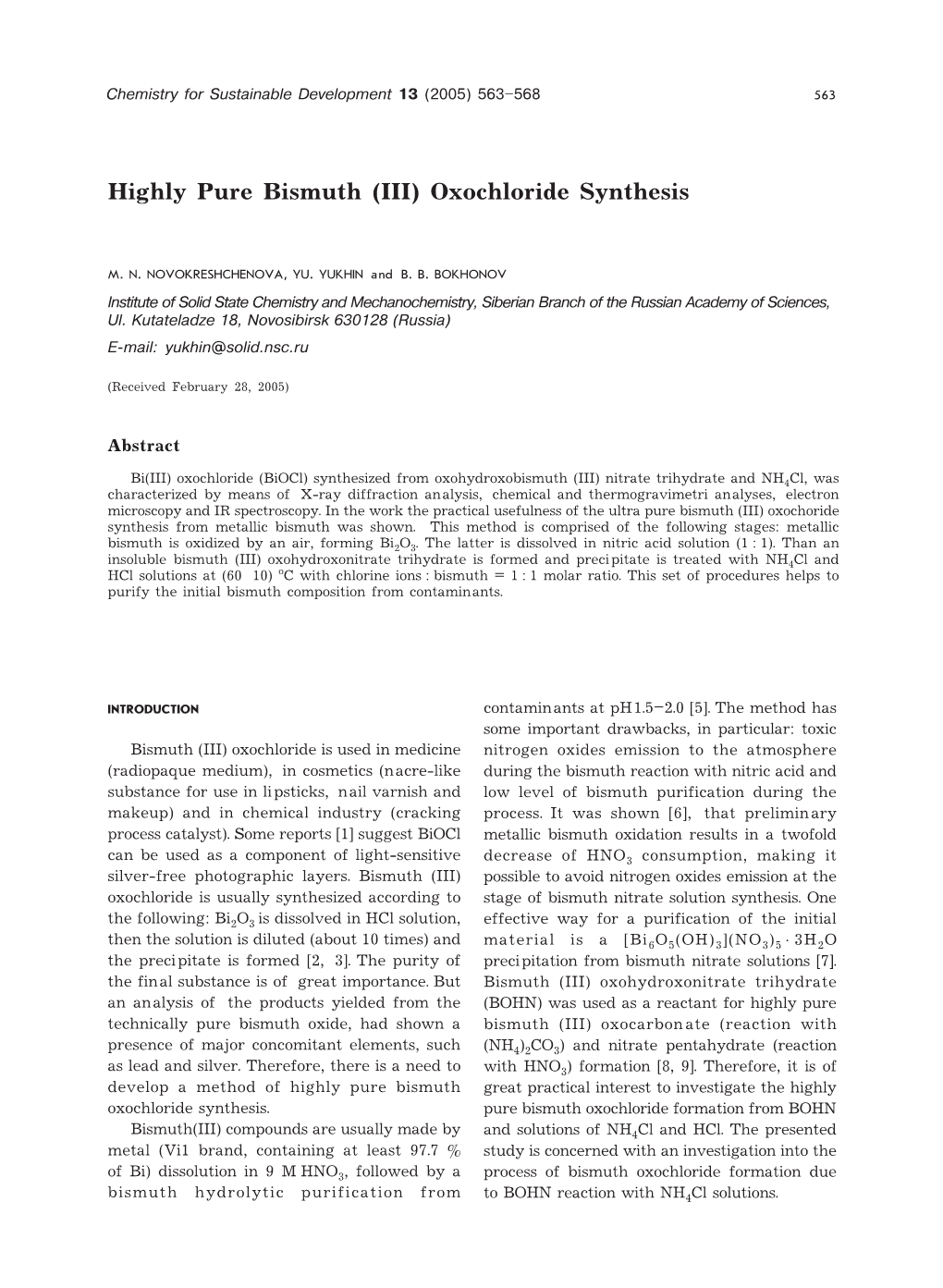 Highly Pure Bismuth (III) Oxochloride Synthesis