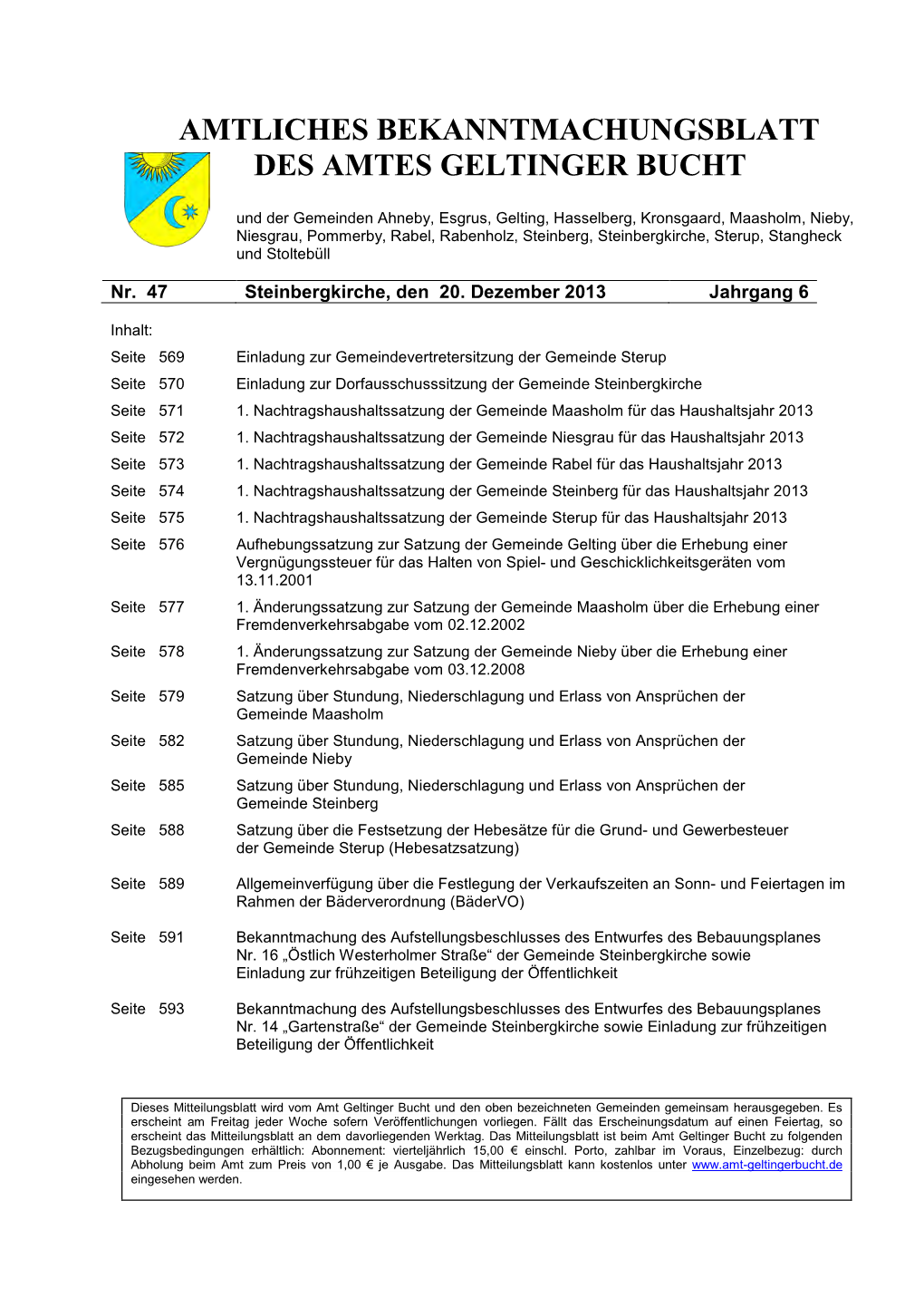 Amtliches Bekanntmachungsblatt Des Amtes Geltinger Bucht Nr. 47/2013