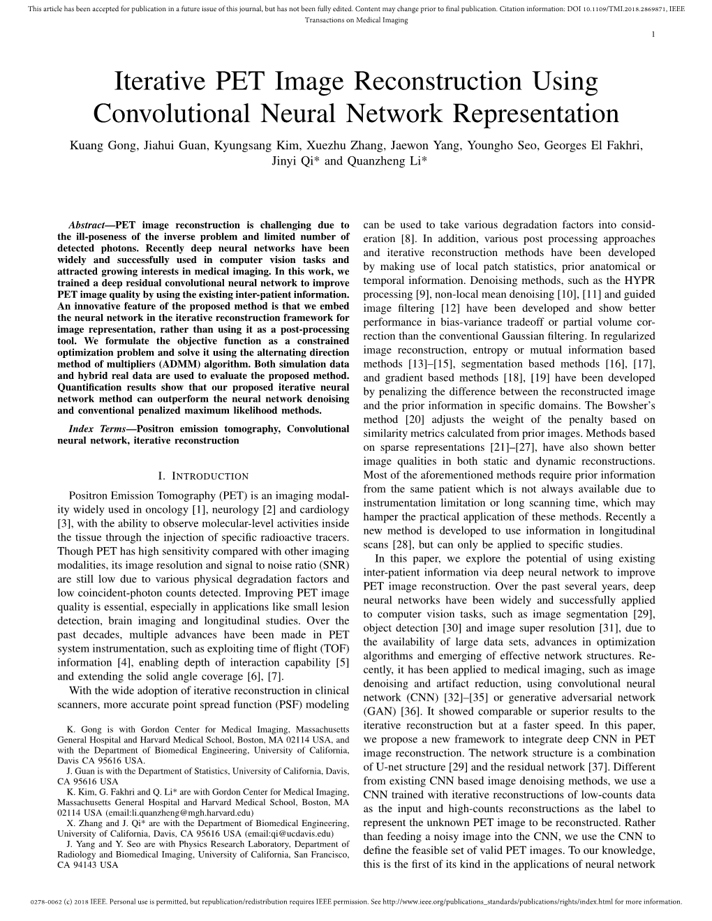 Iterative PET Image Reconstruction Using CNN Representation