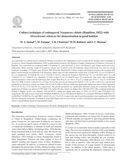 Culture Technique of Endangered Notopterus Chitala (Hamilton, 1822) with Stocked ﬁsh Is Essential to Obtain Optimum Production 1 2 3 Respectively