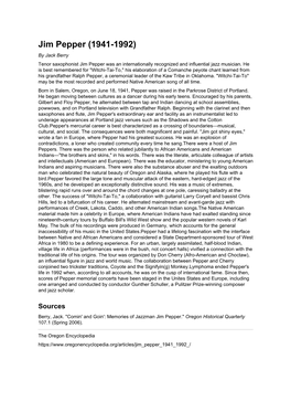 Jim Pepper (1941-1992) by Jack Berry Tenor Saxophonist Jim Pepper Was an Internationally Recognized and Influential Jazz Musician