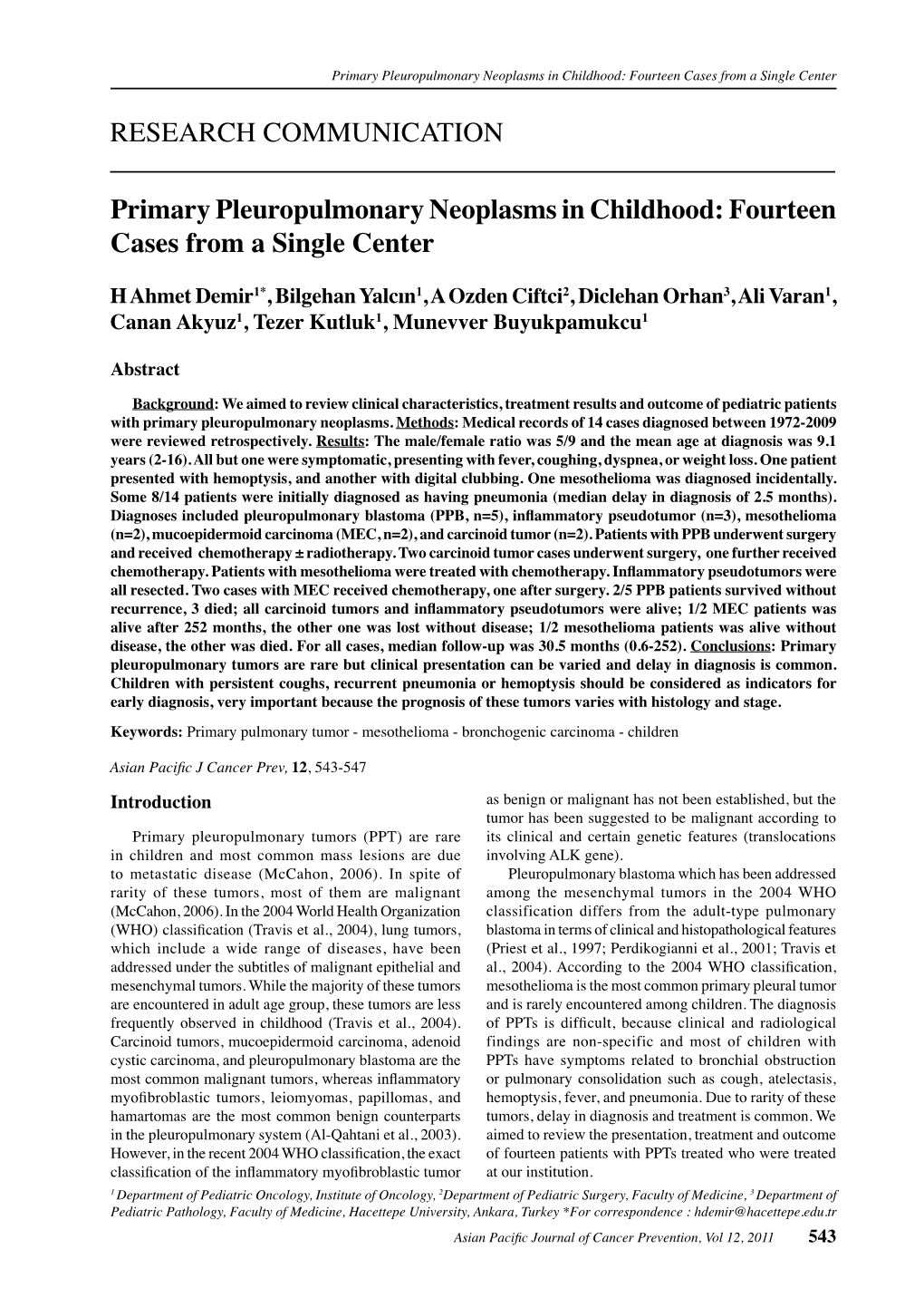 RESEARCH COMMUNICATION Primary Pleuropulmonary