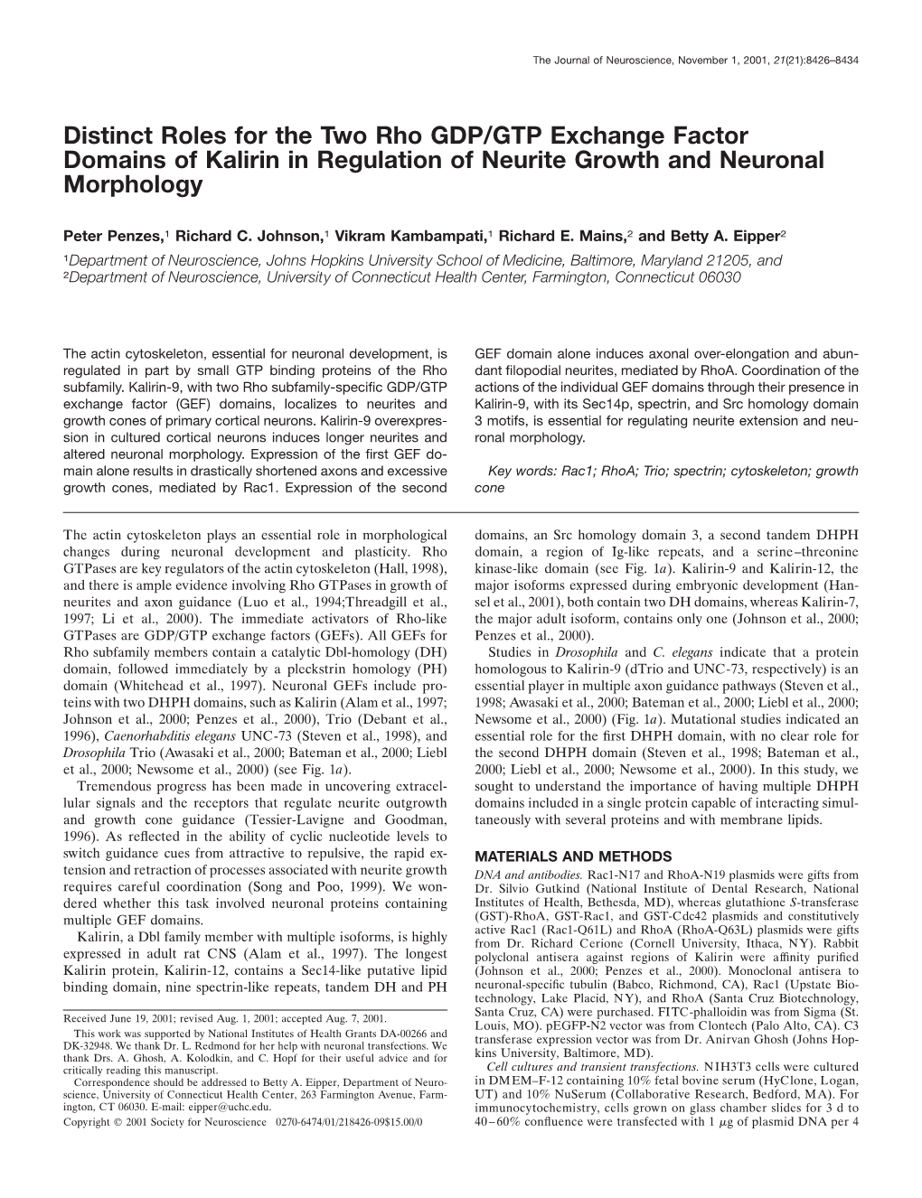 Distinct Roles for the Two Rho GDP/GTP Exchange Factor Domains of Kalirin in Regulation of Neurite Growth and Neuronal Morphology