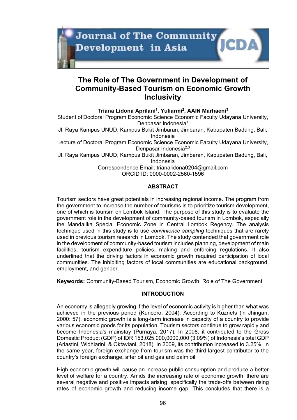 The Role of the Government in Development of Community-Based Tourism on Economic Growth Inclusivity