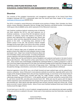 Central Sand Plains Regional Plan Ecological Characteristics and Management Opportunities