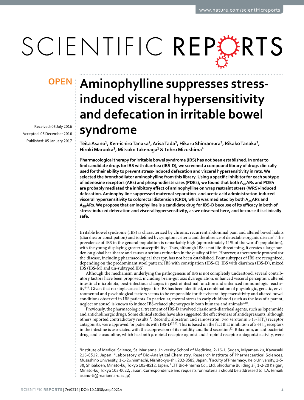 Aminophylline Suppresses Stress-Induced Visceral Hypersensitivity and Defecation in Irritable Bowel Syndrome