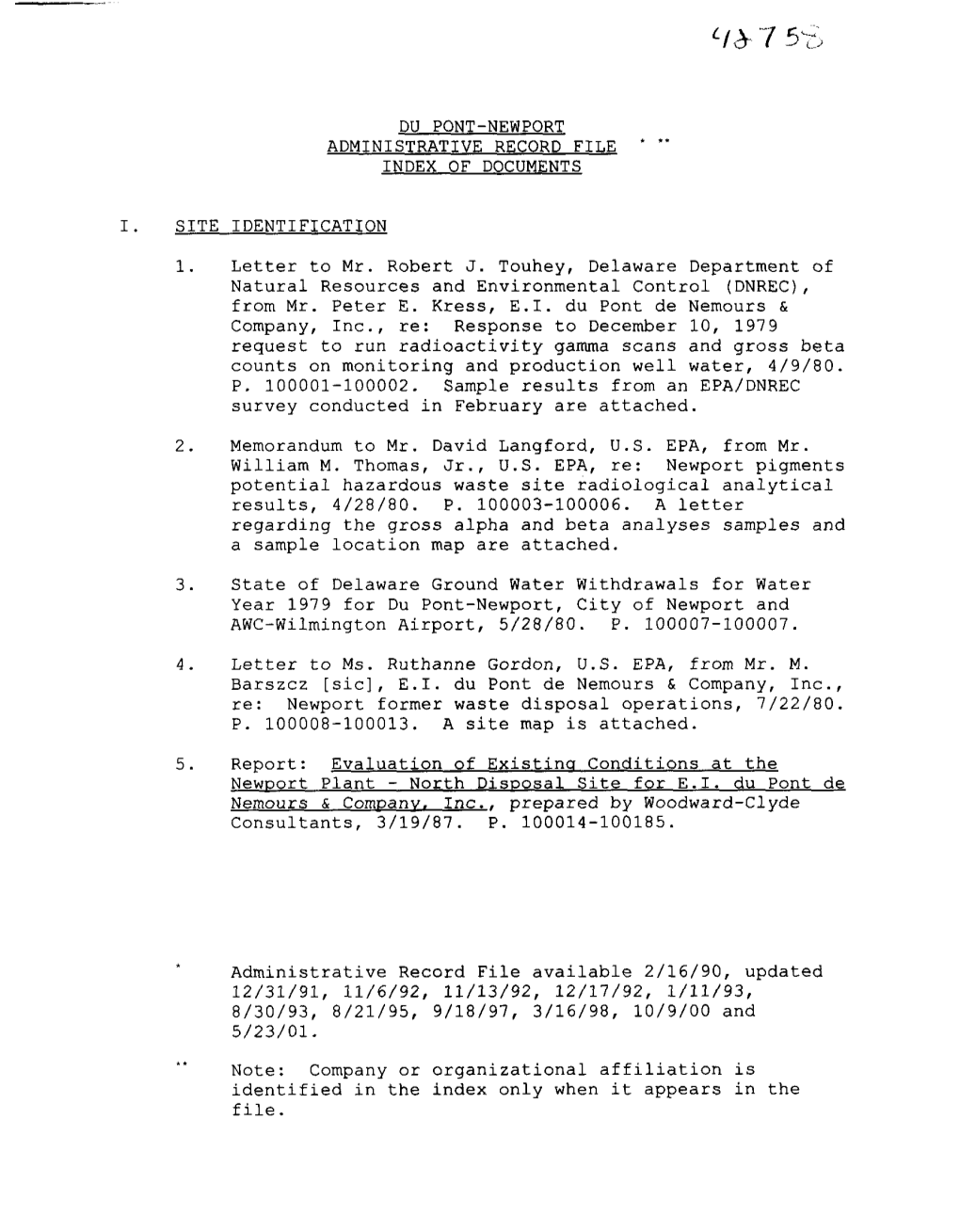 1. Letter to Mr. Robert J. Touhey, Delaware Department of Natural Resources and Environmental Control (DNREC), from Mr. Peter E