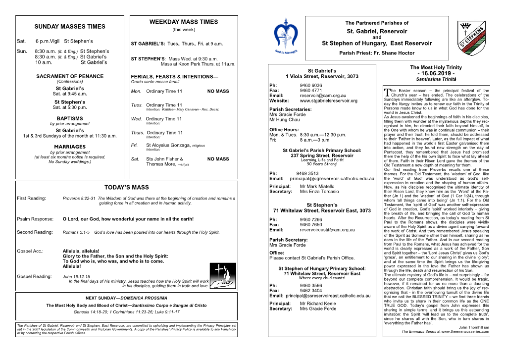 Sunday Masses Times Today's Mass Weekday