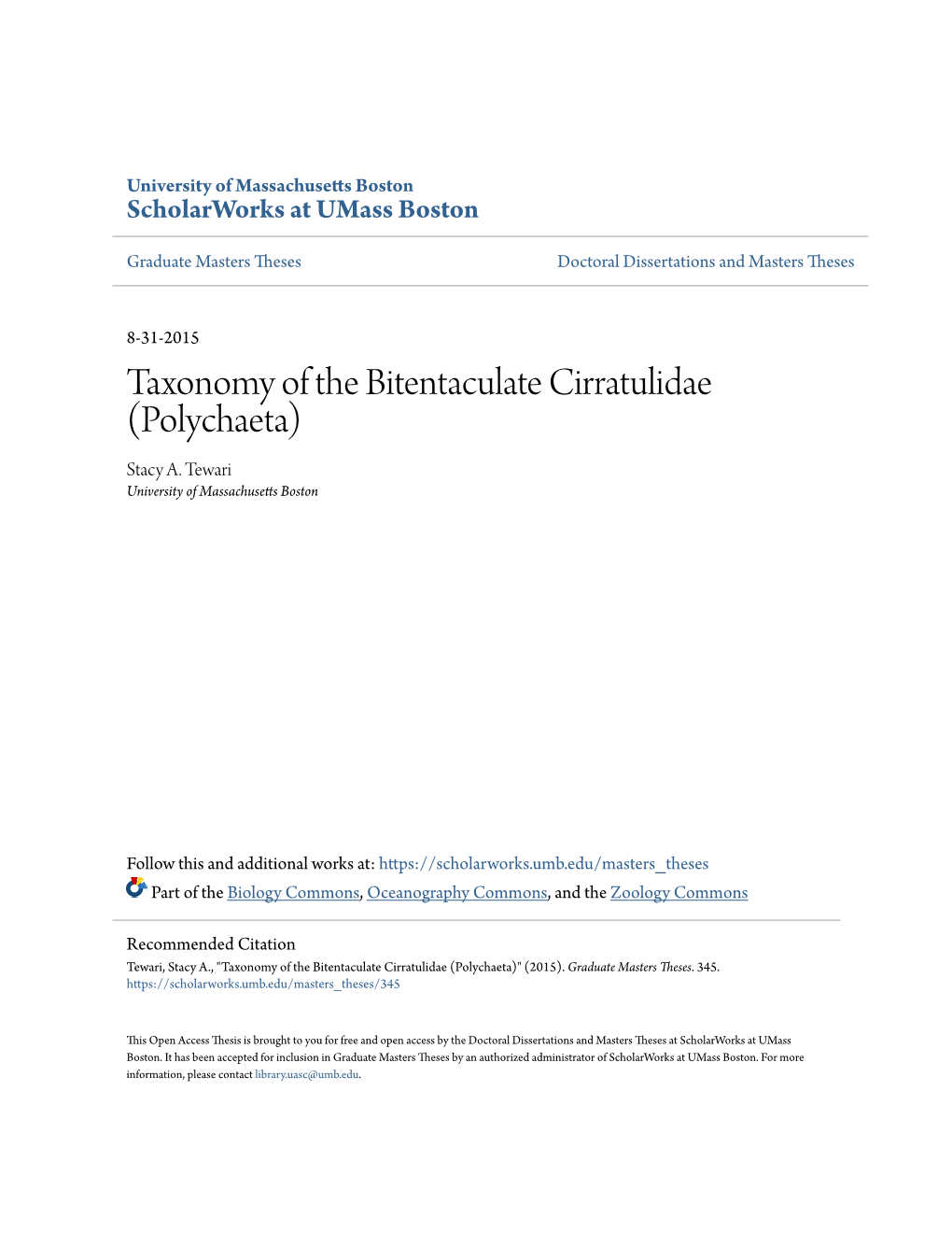 Taxonomy of the Bitentaculate Cirratulidae (Polychaeta) Stacy A