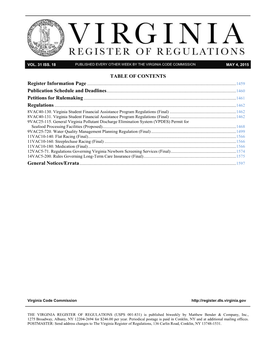 Volume 31, Issue 18 Virginia Register of Regulations May 4, 2015 1459 PUBLICATION SCHEDULE and DEADLINES