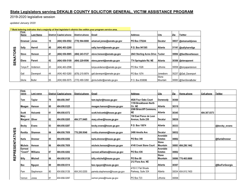 State Legislators Serving DEKALB COUNTY SOLICITOR GENERAL, VICTIM ASSISTANCE PROGRAM 2019-2020 Legislative Session Updated January 2020