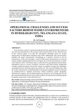 Operational Challenges and Success Factors Behind Women Entrepreneurs in Hyderabad City, Telangana State, India