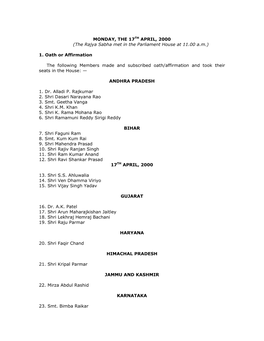 MONDAY, the 17TH APRIL, 2000 (The Rajya Sabha Met in the Parliament House at 11.00 A.M.)
