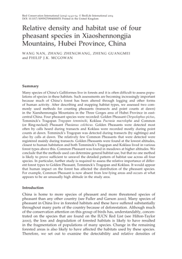 Relative Density and Habitat Use of Four Pheasant Species in Xiaoshennongjia Mountains, Hubei Province, China