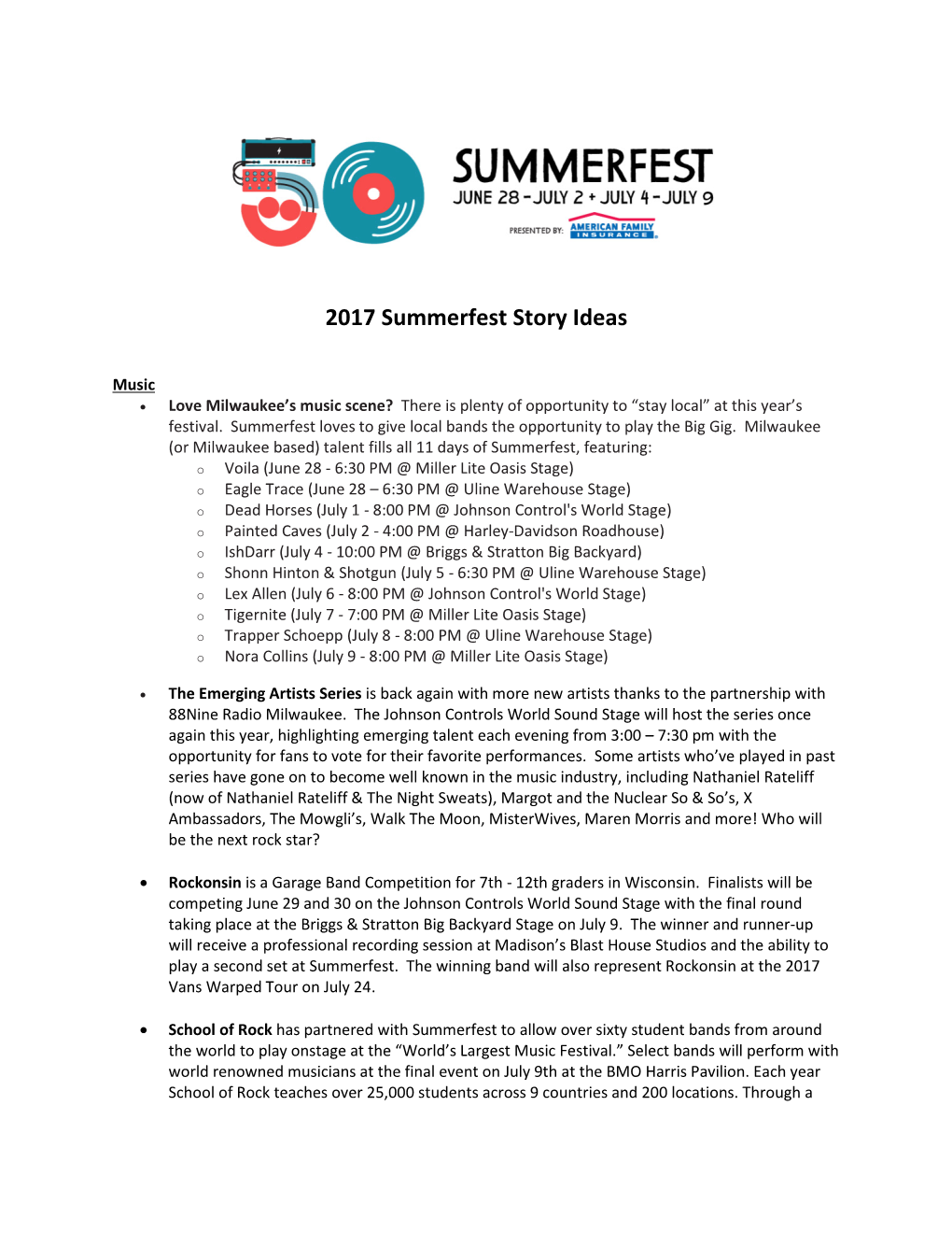 2017 Summerfest Story Ideas