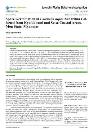 Spore Germination in Catenella Nipae Zanardini Col- Lected from Kyaikkhami and Setse Coastal Areas, Mon State, Myanmar