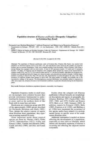 Population Structure of Hepatus Pudibundus (Decapoda: Calappidae) in Fortaleza Bay, Brazil 50% 1982)