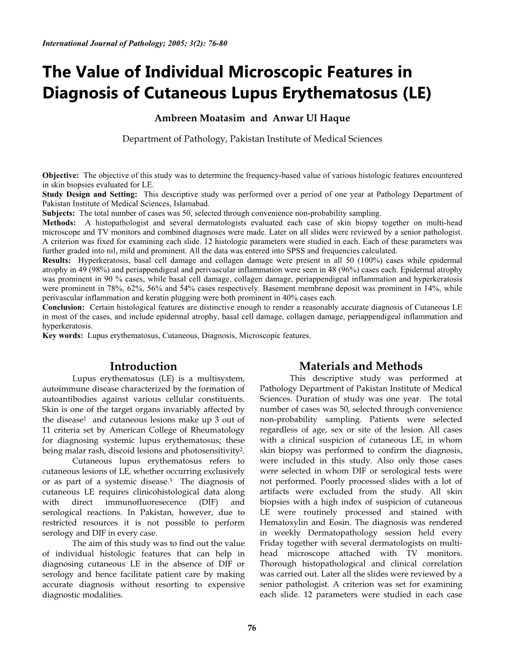 The Value of Individual Microscopic Features in Diagnosis of Cutaneous Lupus Erythematosus (LE)