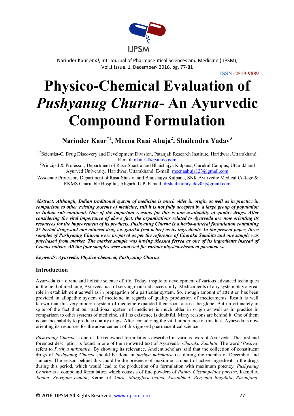 Physico-Chemical Evaluation of Pushyanug Churna- an Ayurvedic Compound Formulation