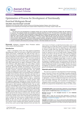 Optimisation of Process for Development of Nutritionally Enriched Multigrain Bread