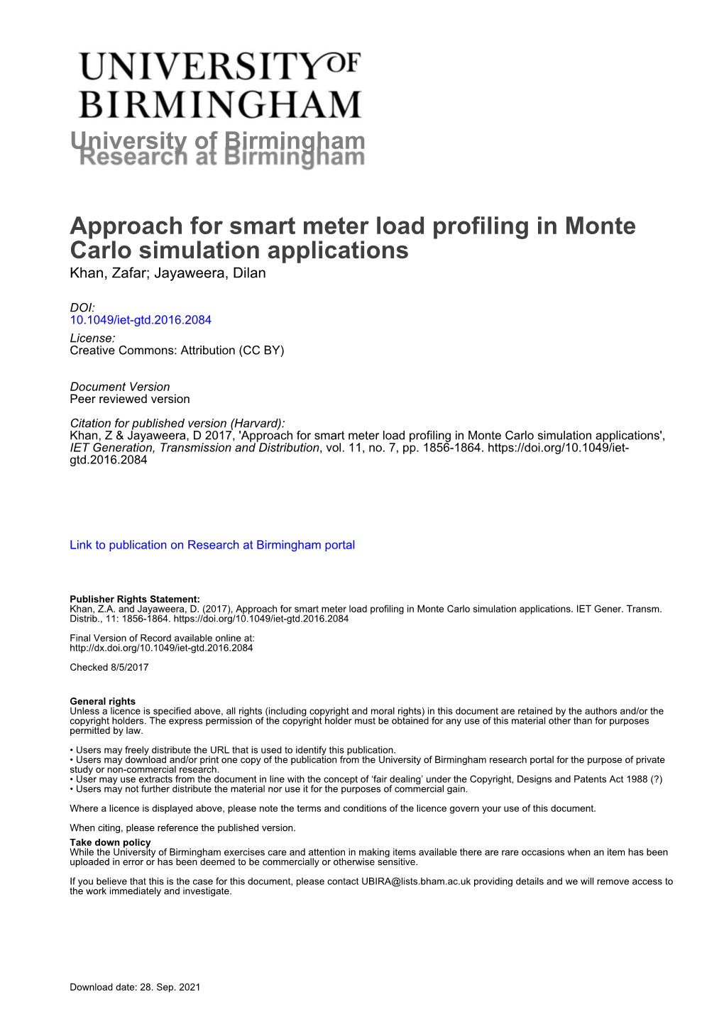 University of Birmingham Approach for Smart Meter Load Profiling in Monte