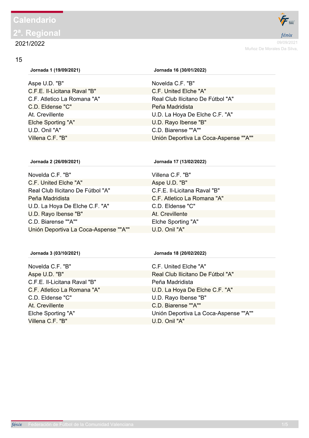 2ª. Regional Calendario