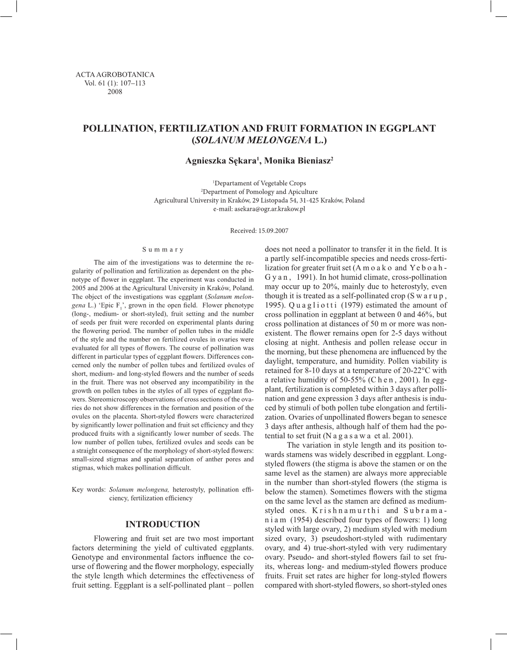 Pollination, Fertilization and Fruit Formation in Eggplant (Solanum Melongena L.)