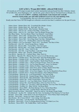LIST of 812 X 78 Rpm RECORDS
