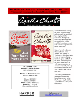 HARPERCOLLINS WELCOMES AGATHA CHRISTIE!!! **Completely Repackaged and Available Starting in Winter 2011!!**