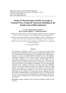 Study of Characteristics and the Coverage of Tsunami Wave Using 2D Numerical Modeling in the South Coast of Bali, Indonesia