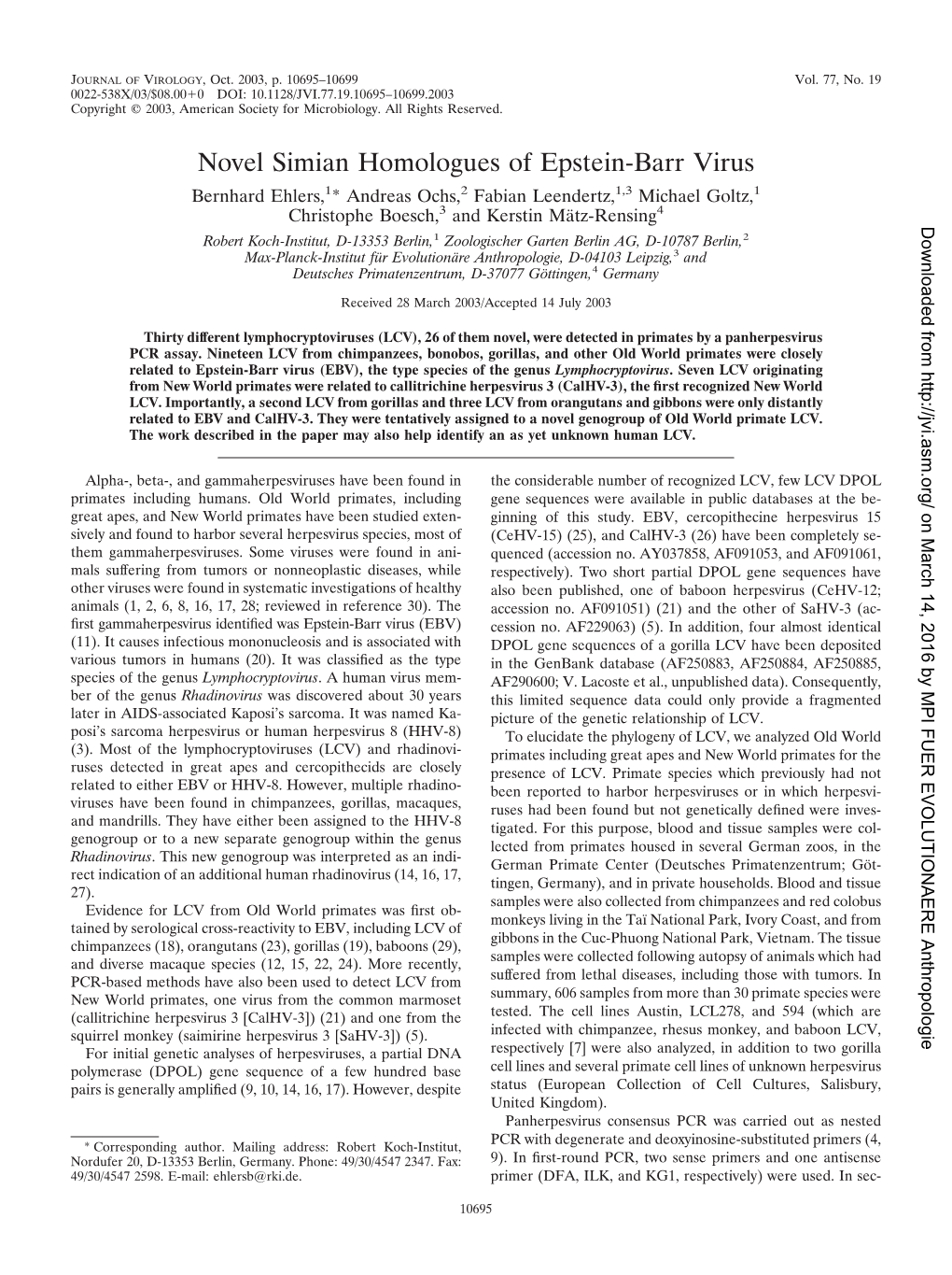 Novel Simian Homologues of Epstein-Barr Virus Bernhard Ehlers,1* Andreas Ochs,2 Fabian Leendertz,1,3 Michael Goltz,1 3 4