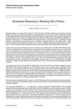 Romanian Democracy: Running out of Ideas Written by Radu Cinpoeş