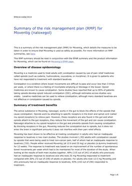 Summary of the Risk Management Plan (RMP) for Moventig (Naloxegol)