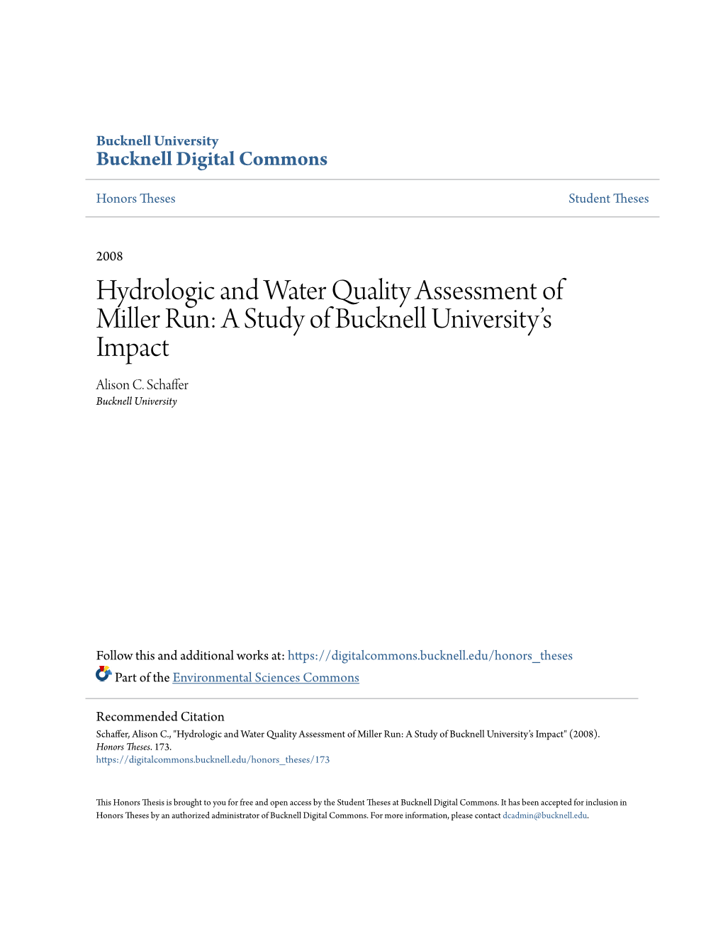 Hydrologic and Water Quality Assessment of Miller Run: a Study of Bucknell University’S Impact Alison C