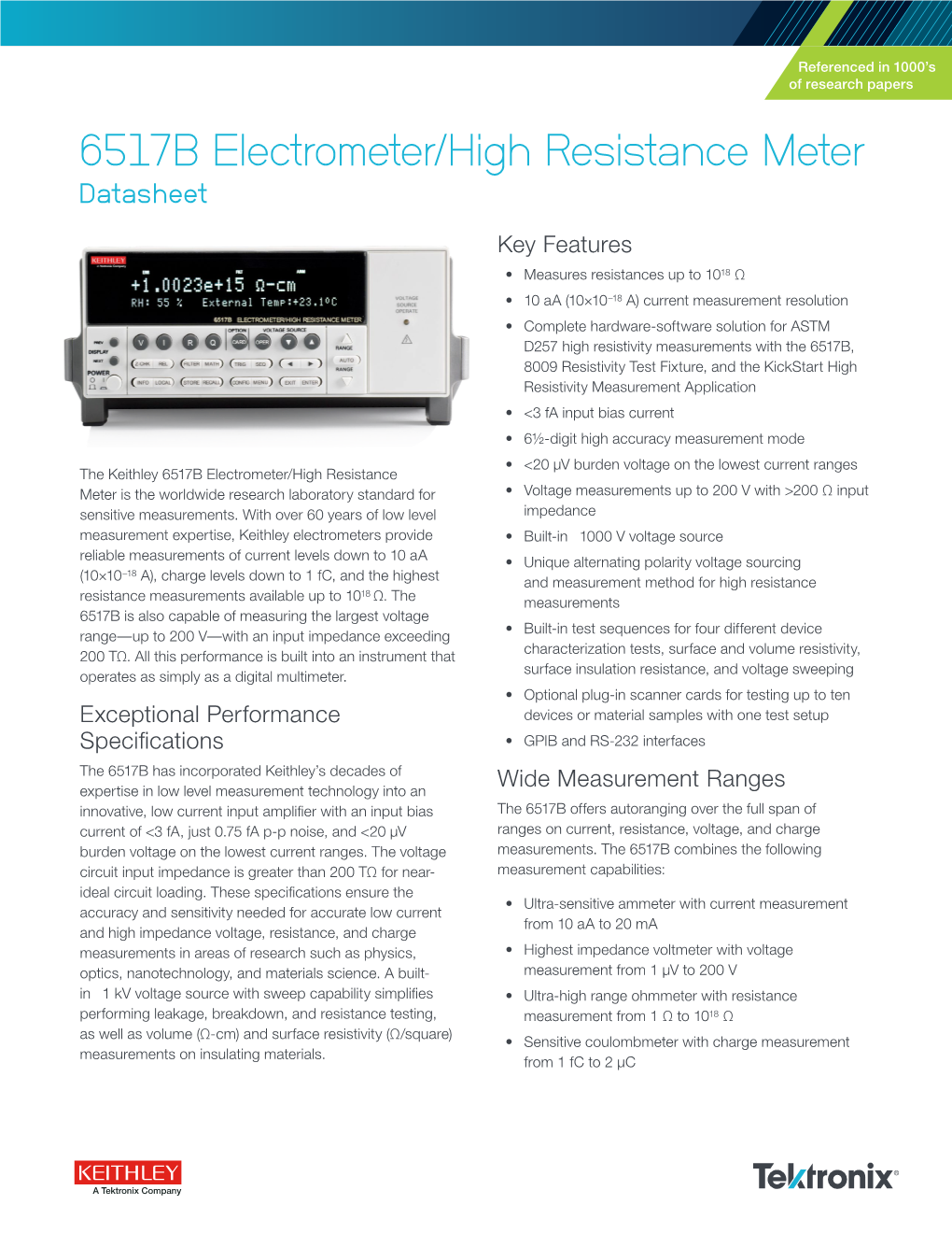 6517B Electrometer/High Resistance Meter Datasheet