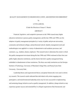 Quality Management in Higher Education: Abandoned Or Embedded?