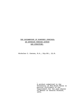 Nicholas C. Canosa, B.A., Dip.Ed., LL.B. a Project Submitted to the University of New•South Wales in Partial Fulfilment Of