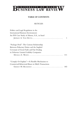 TABLE of CONTENTS ARTICLES Politics and Legal Regulation in The