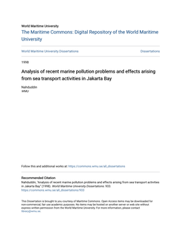 Analysis of Recent Marine Pollution Problems and Effects Arising from Sea Transport Activities in Jakarta Bay