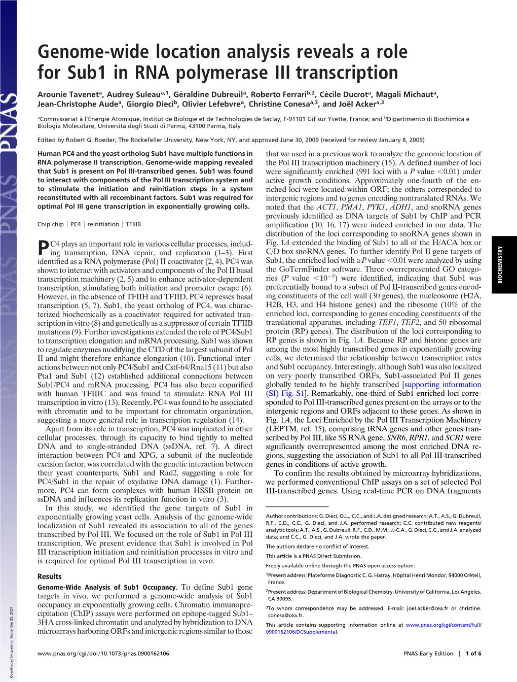 Genome-Wide Location Analysis Reveals a Role for Sub1 in RNA Polymerase III Transcription