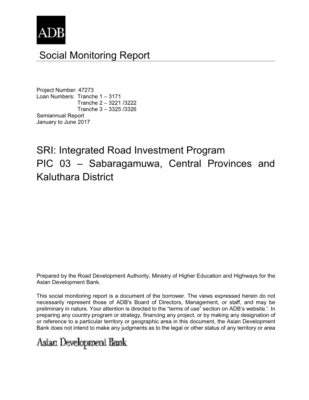 Integrated Road Investment Program PIC 03 – Sabaragamuwa, Central Provinces and Kaluthara District