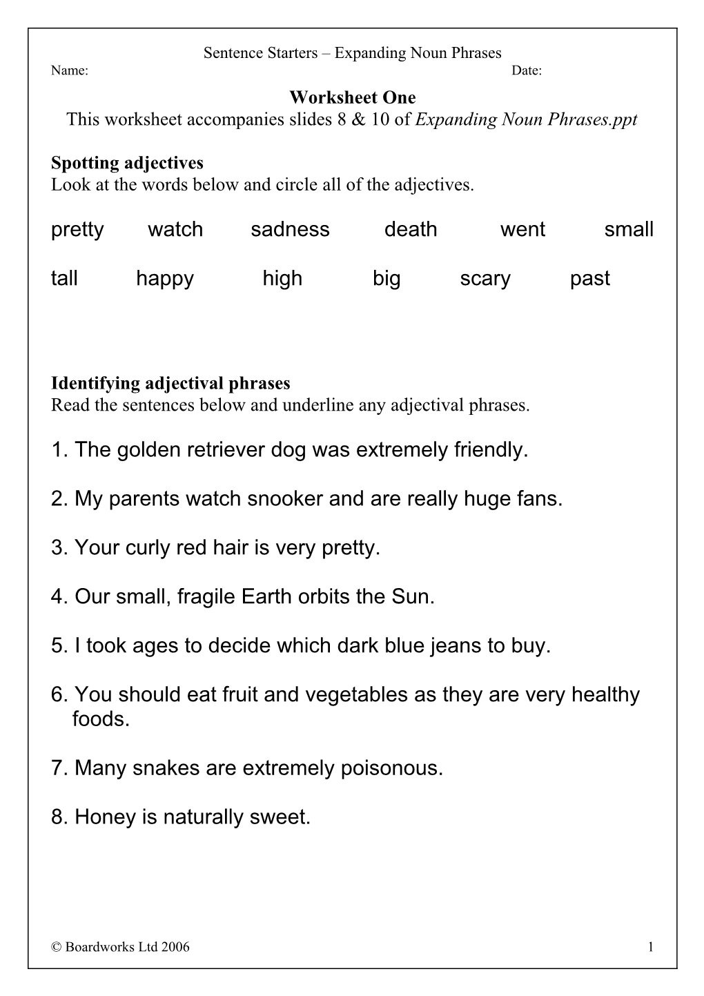 Expanding Noun Phrases Worksheets