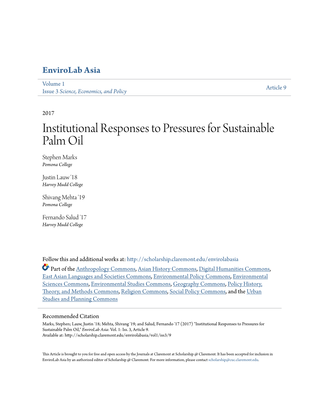 Institutional Responses to Pressures for Sustainable Palm Oil Stephen Marks Pomona College