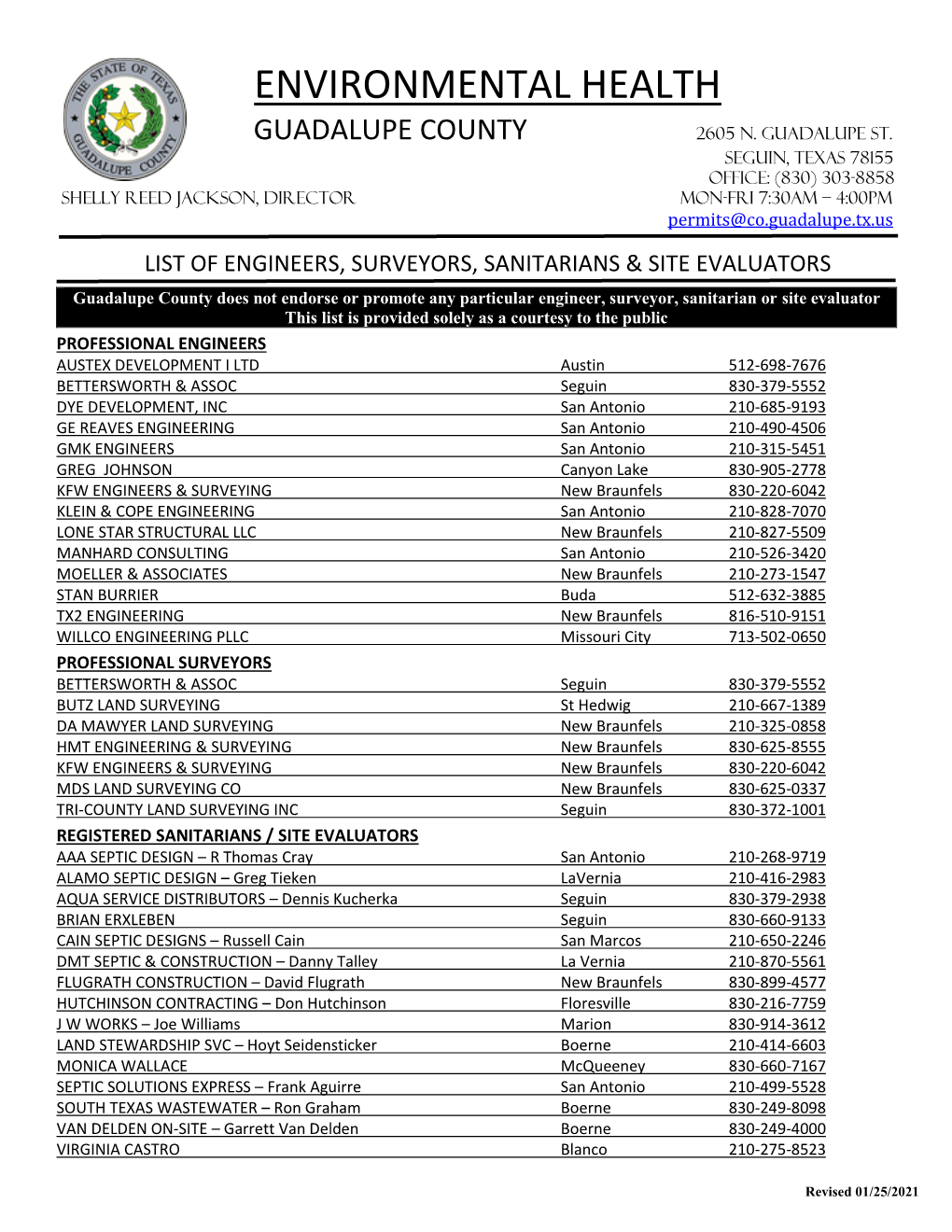 LIST of ENGINEERS, SURVEYORS and SEPTIC DESIGNERS (Pdf)